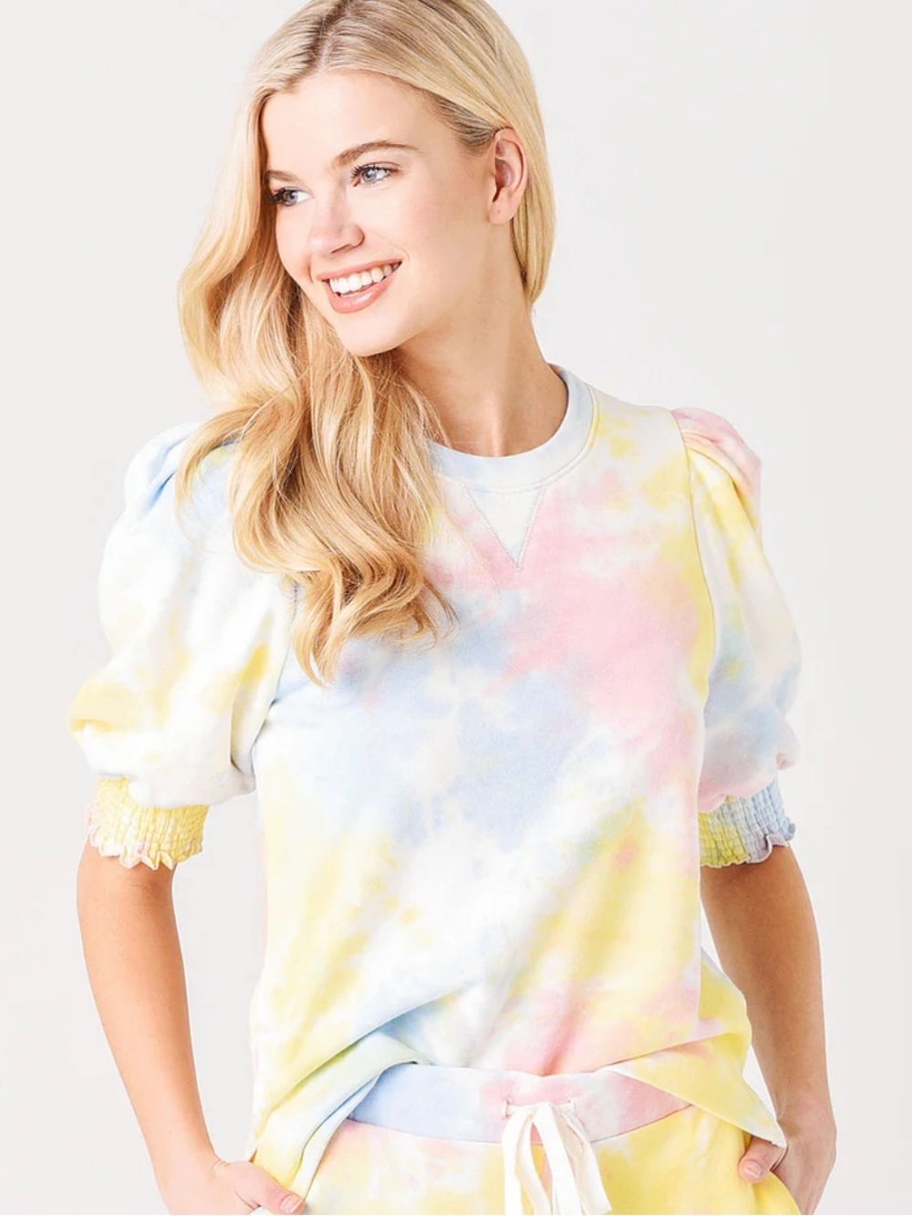 SAYLOR Maryjane Pastel Yellow Tie-Dye Puff Sleeve Sweatshirt Top Size Large
